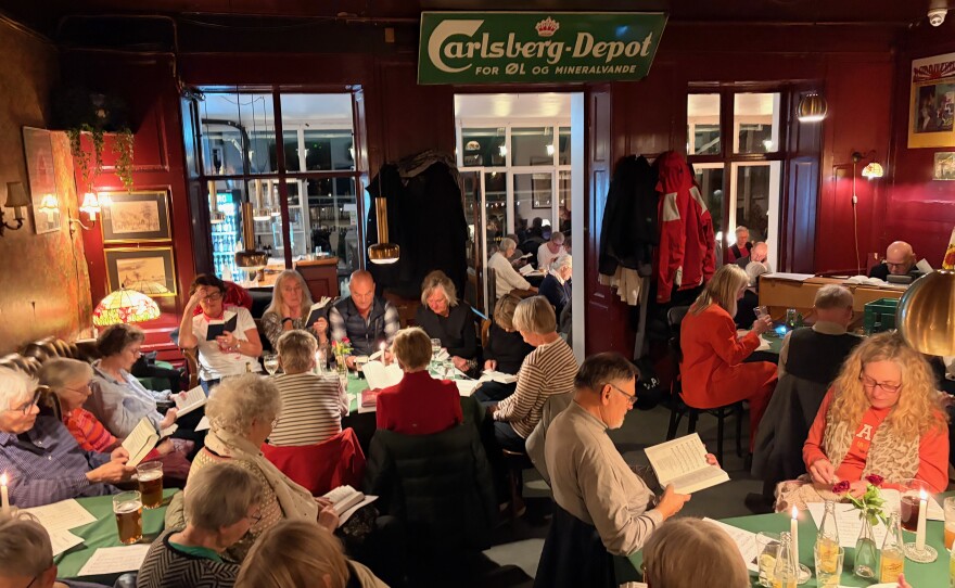 At a campaign event for Danish social democratic member of Parliament Ida Auken, Copenhagen residents sing from the "high school songbook," a 19th century collection of national hymns that connect Danes to their culture and singing tradition.
