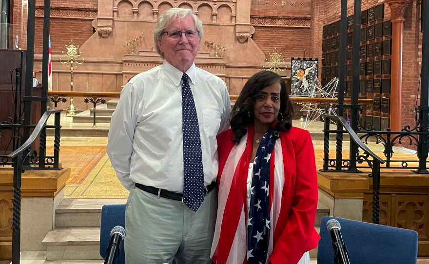 Charlie Taney, the great-great-grandnephew of the man who wrote the Dred Scott opinion, and Lynne Jackson Scott's great-great-granddaughter, speak at an event at St. Mark's Church on Capitol Hill on June 30, 2026.