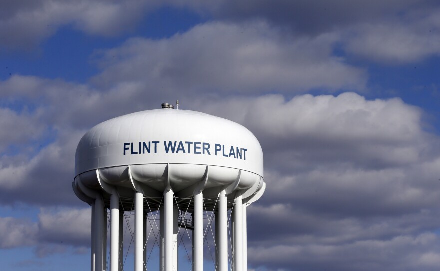 The Flint Water Plant water tower in Flint, Mich.