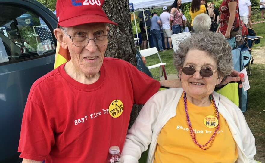 Jerry Miller and his wife Bea at the picnic. The couple wears matching t-shirts that  read "Gay? Fine by me."