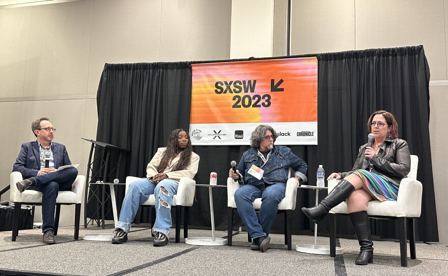 Launch event for the Human Artistry Campaign at SXSW in Austin, Texas, March 16, 2023. From left: Rob Levine, Billboard; Jessy Wilson, artist; Dan Navarro, songwriter; Erin Reilly, University of Texas.