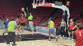 Sohpia Ramos jumps high to score a basket. It's the guard's last season with the team. Her entire family will be in the stands from Texas to watch her play. 