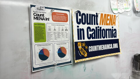 Signs advocating for the Middle Eastern and North African (MENA) category hang on the walls in Majdal: Arab Community Center of San Diego on Aug. 17, 2026.