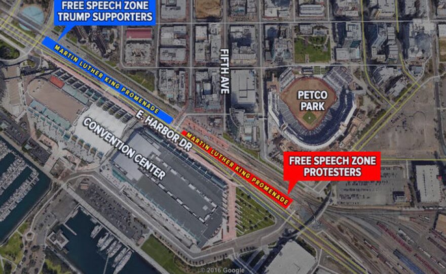 A map showing free-speech zones designated by San Diego Police Department in advance of a rally by Donald Trump's campaign at the San Diego Convention Center. 