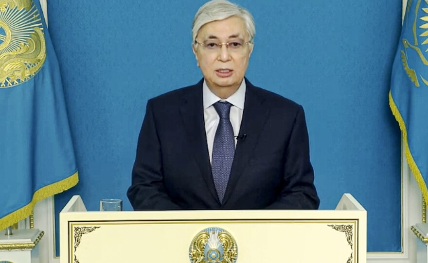 Kazakhstan President Kassym-Jomart Tokayev delivers a televised statement to the nation in Nur-Sultan, Kazakhstan on Wednesday.