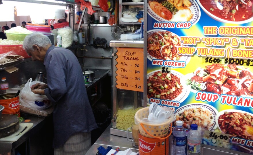 Sup tulang on the menu at the Deen Tulang Specialist stall in in the Golden Mile Food Centre in Singapore.