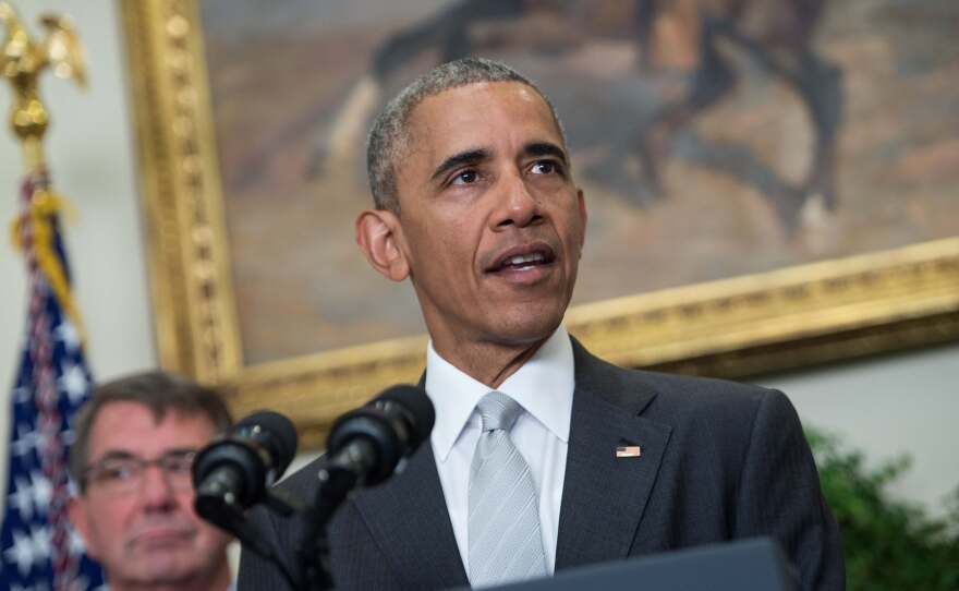 President Obama announces that 8,400 U.S. troops will remain in Afghanistan into 2017. At left is Defense Secretary Ashton Carter.