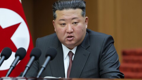 In this photo provided by the North Korean government, its leader Kim Jong Un delivers a speech during a session of the Supreme People's Assembly at parliament in Pyongyang, North Korea Monday, March 23, 2026.