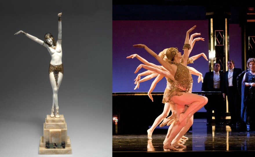 One of Demètre H. Chiparus's statues compared to the costume design for the dancers in "La Traviata."