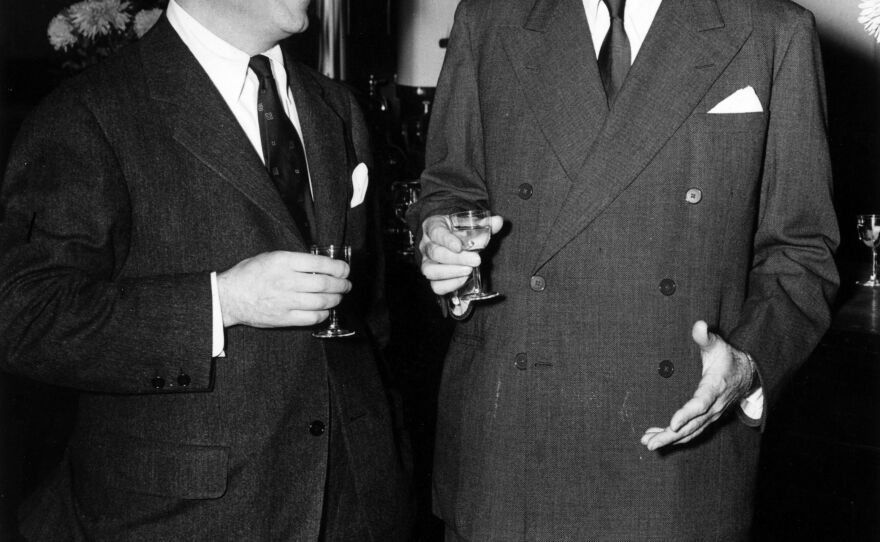 Composer Richard Rodgers and lyricist-librettist Oscar Hammerstein in London in October 1951, before a performance of <em>South Pacific</em>.