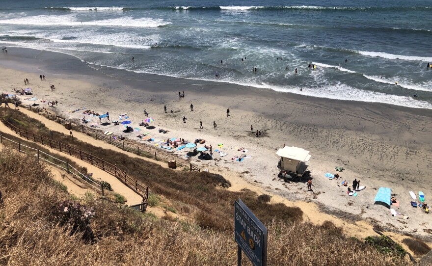 Crowds gather at Leucadia State Beach in Encinitas, California, July 3, 2020.