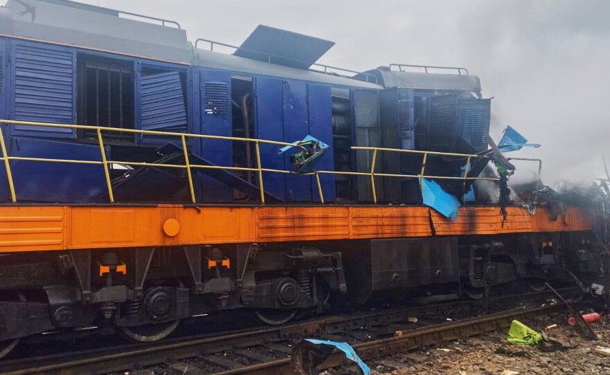 In this photo provided by the Ukrainian Ukrzaliznytsia Railway Company Press Office, a locomotive damaged in a Russian drone attack is seen at Yahodyn railway station near Ukraine's border with Poland, Ukraine, Sunday, Sept. 13, 2026.