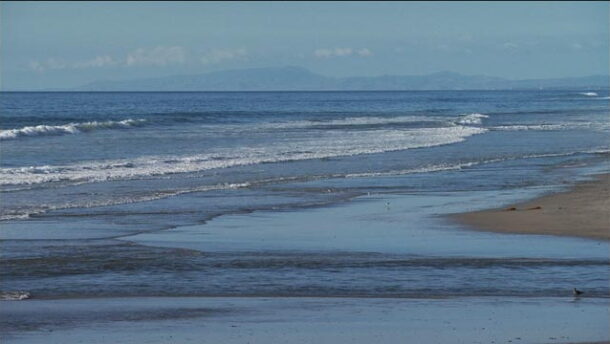 Waves ripple along the coastline at Torrey Pines State Beach as the tide moves out.   