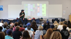 Kevin Baross, the San Diego County Bike Coalition's education manager, leads a bike safety presentation at Oak Crest Middle School in Encinitas on Aug. 17, 2026.