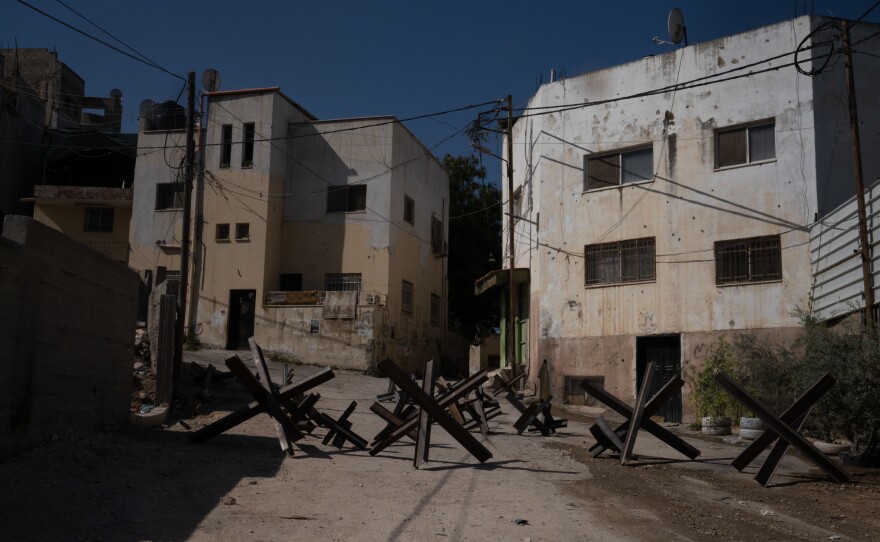 The road toward the Al-Ansar Mosque is blocked to vehicles in Jenin. Palestinian militants have been active in Jenin over the years.