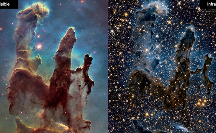 Images of the Eagle Nebula show the Hubble space telescope's ability to capture images in both visible (left) and infrared (right) light. NASA is celebrating the successful restart of the telescope's payload computer, opening the door to more observations.