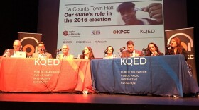 From left: Larry Mantle, Scott Shafer, Mark DiCamillo, Mindy Romero, Lisa García Bedolla, Sean T. Walsh, Harmeet Dhillon and Fiona Ma at the California Counts town hall in San Francisco, May 17, 2016.