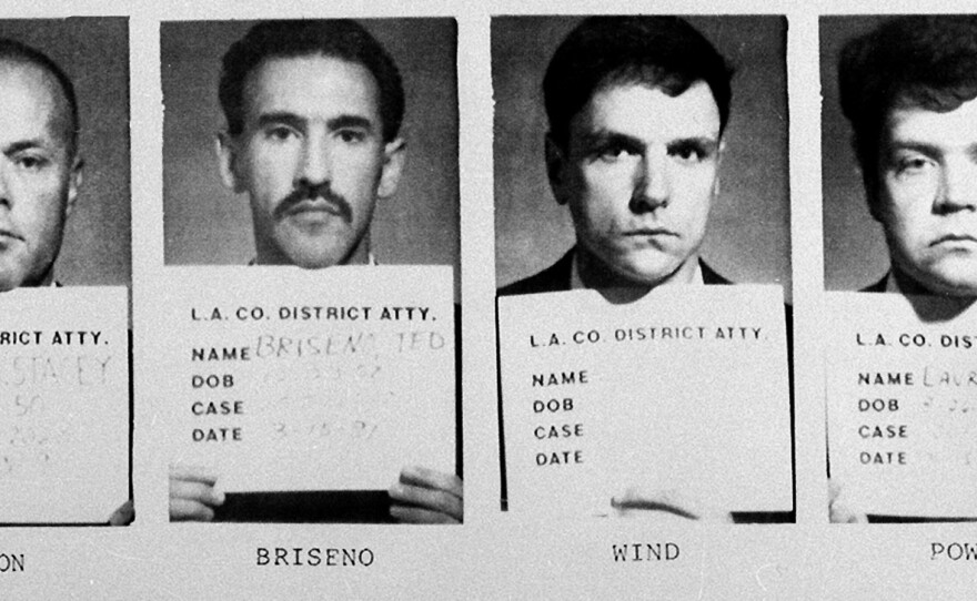 The four police officers indicted for brutalizing black motorist Rodney King in a videotaped attack are shown in these police mug shots taken March 14, 1991. From left, Sgt. Stacey C. Koon, Officer Theodore J. Briseno, Officer Timothy E. Wind and Officer Laurence Powell. Two served time in prison and all four lost their careers.