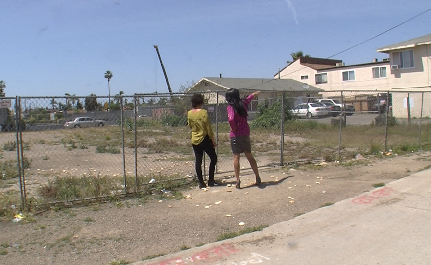 Beryl Forman and Tootie Thomas discuss plans for an empty lot along El Cajon Boulevard in City Heights, April 14, 2016.