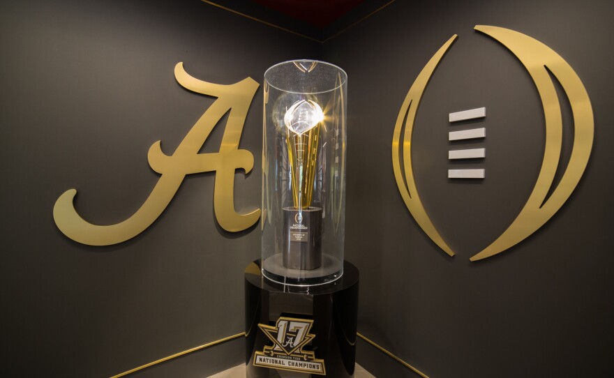 The 2017 National Championship trophy is the fifth Alabama has won under Coach Nick Saban. It's displayed in a hall showcasing the team's four other trophies and other notable accomplishments.