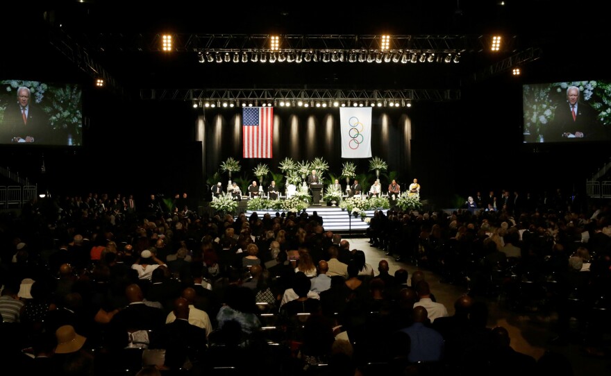 Sen. Orrin Hatch speaks during Muhammad Ali's memorial service in Louisville, Ky. Hatch said they became friends after the boxer came to visit him on Capitol Hill and that their friendship likely puzzled observers.