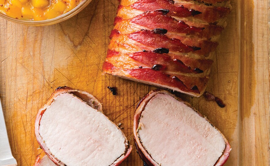 Bacon-Wrapped Pork Roast with Peach Sauce