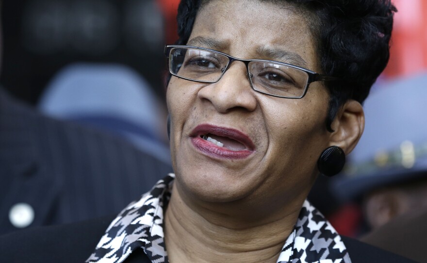 Geneva Reed-Veal, the mother of Sandra Bland, speaks to the media outside the federal courthouse in Houston last week. A federal judge has set a 2017 trial date for a wrongful death suit filed by Bland's family.