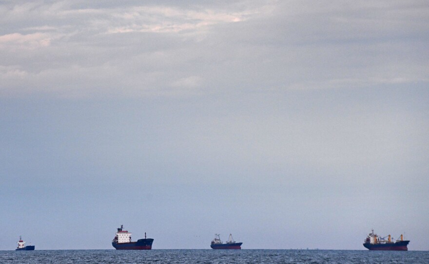 Ships anchored in the Black Sea wait to enter Romania's Sulina canal on June 8. They are waiting to reach Ukraine to be loaded with food.