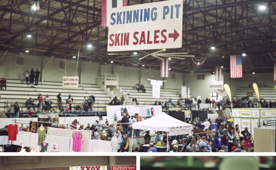 Top: On average, 4,000 pounds of snake are rounded up every year. Left:<strong> </strong>A chalkboard of the 2020 Rattlesnake Roundup teams. Right: Taxidermied rattlesnakes for sale at a vendor's booth.