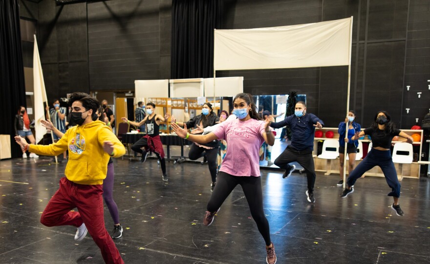 The cast in in rehearsal for La Jolla Playhouse’s world-premiere production of "Bhangin' It: A Bangin' New Musical." Feb. 2022