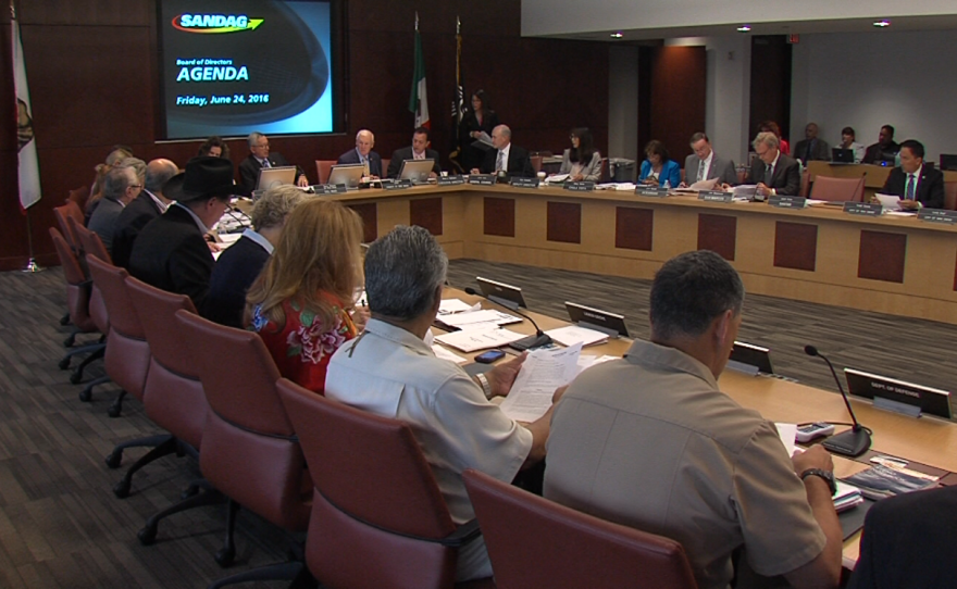 SANDAG board members sit around their meeting table, June 24, 2016.