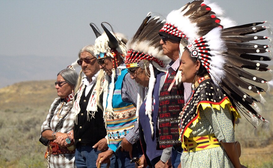 Tribals members pay their respects at Little Chief's reburial at Sharp Nose Cemetery, Wind River Reservation, Wyo. (From Left: Fay Ann Soldier Wolf, Mark Soldier Wolf, Hubert Friday, Nelson White, Crawford White, Yufna Soldier Wolf), 2017.