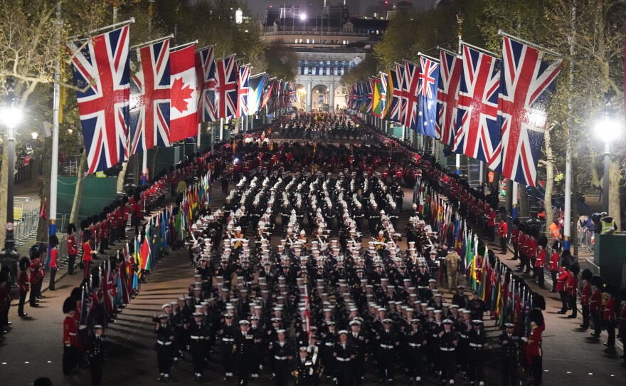 A nighttime rehearsal in central London for the coronation of King Charles III, which will take place this weekend.