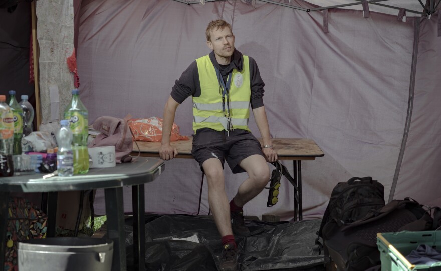 Harry Scrymgeour works at a humanitarian relief tent, part of Siobhan's Trust, a small Scottish charity named after his late mother.
