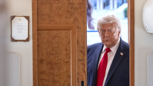 President Donald Trump arrives to speak to reporters aboard Air Force One en route from Joint Base Andrews, Md., to Eau Claire, Wis., Friday, June 5, 2026.