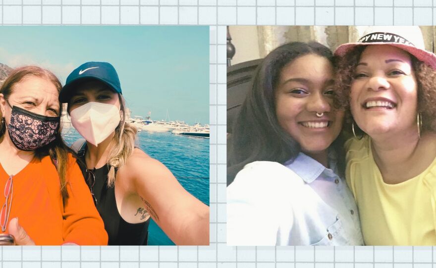 The authors, Isabeth Mendoza and Naydeline Mejia, pose with their mothers. Left: Hilda Mendoza and Isabeth Mendoza. Right: Naydeline Mejia and Elvira Castillo.