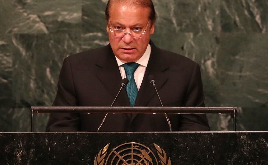 The government of Prime Minister Nawaz Sharif, shown here addressing the U.N. General Assembly last month, says a newspaper story that civilian officials warned the military of global isolation due to support of militant groups was "fabricated."