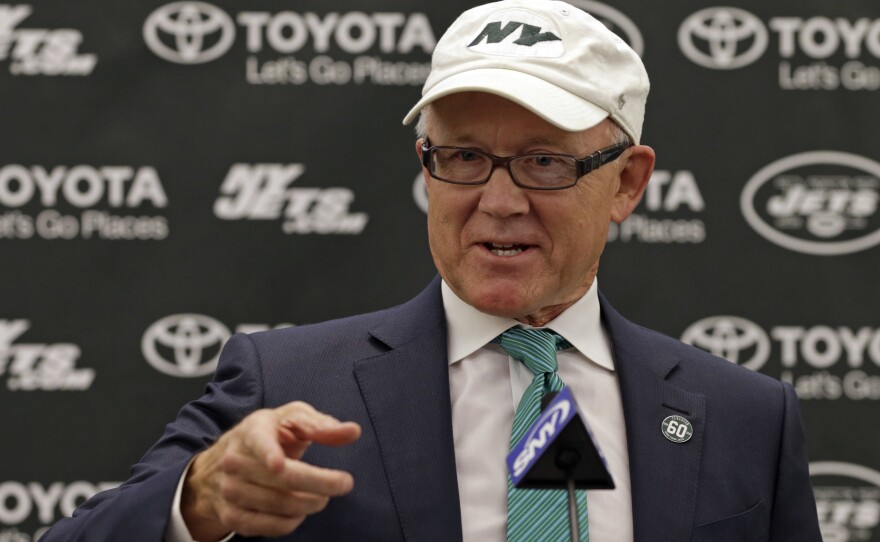 New York Jets owner Woody Johnson speaks during a press conference in April at the team's practice facility in New Jersey.