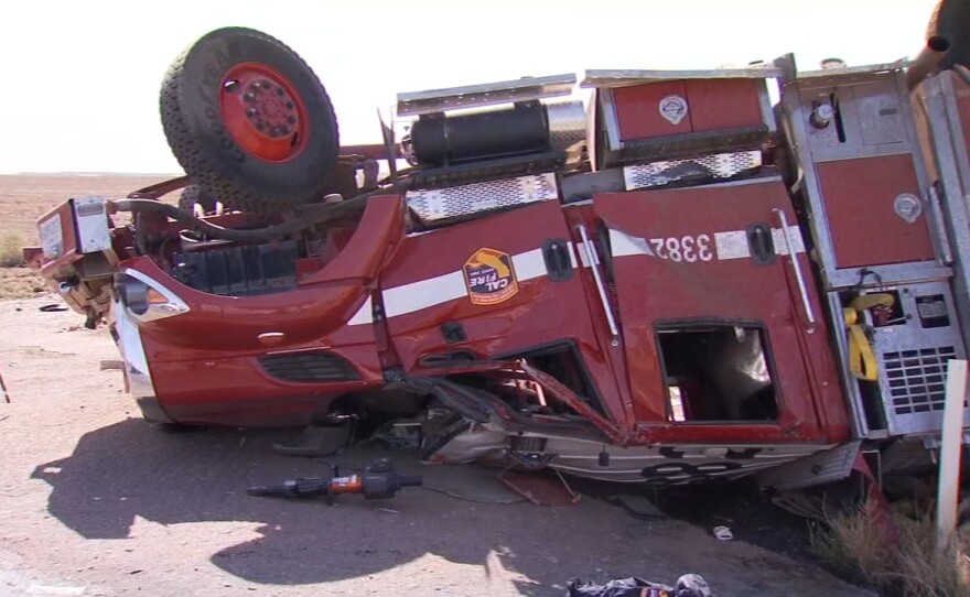 A San Diego Cal Fire truck overturned in Tulare County, injuring four San Diego-based firefighters on Sept. 4, 2019. They were there to staff fire stations for Cal Fire personnel battling the Creek Fire.