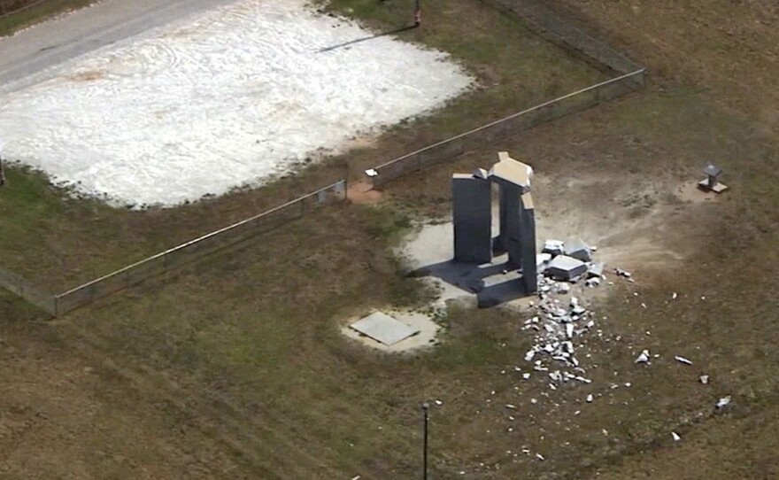 This aerial image taken from video shows damage to the Georgia Guidestones monument near Elberton, Ga., on Wednesday.