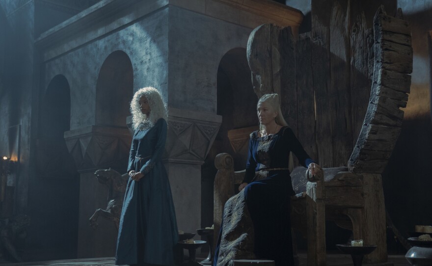 The Driftwood Throne doesn't get termites, it gets barnacles. Baela (Bethany Antonia) and Rhaenys (Eve Best) know it.