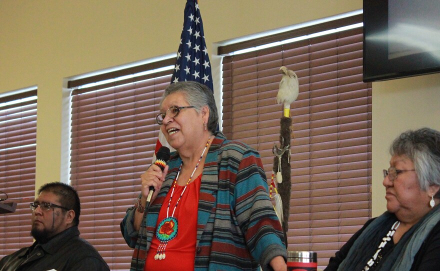 Burns Paiute Tribal Chairperson Charlotte Rodrique talks to reporters about the armed occupation of the Malheur National Wildlife Refuge near Burns, Ore., on Wednesday.