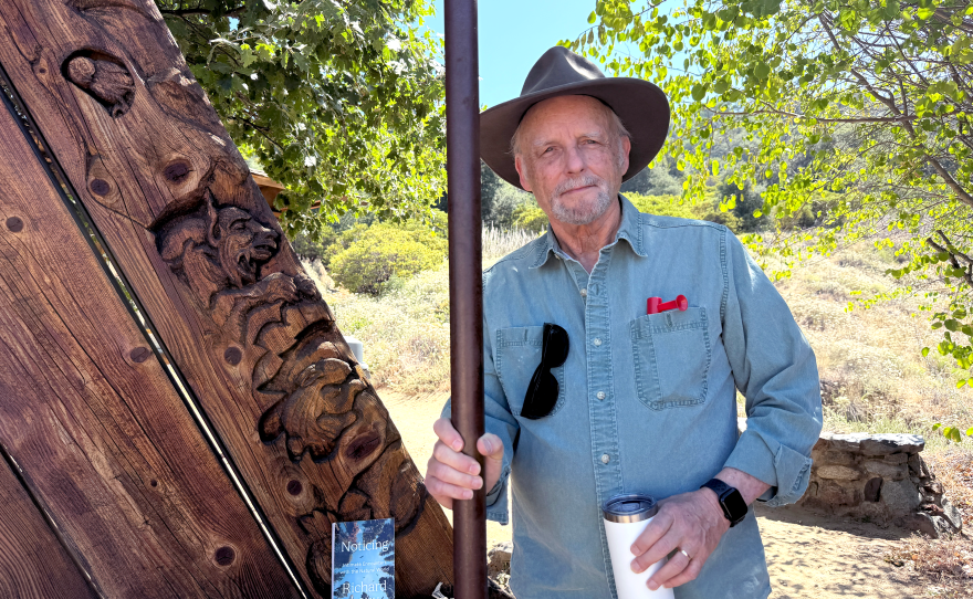 Author Richard Louv stands at the James Hubbell Gateway at Volcan Mountain Preserve, where he joined The Finest for a hike and conversation about "deep noticing" and the benefits of spending time outdoors.