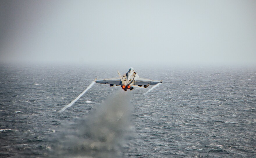 An F/A-18F Super Hornet, attached to Strike Fighter Squadron (VFA) 22, launches from the flight deck of the Nimitz-class aircraft carrier USS Nimitz (CVN 68) during flight operations in the U.S. Central Command area of responsibility Aug. 26, 2025.