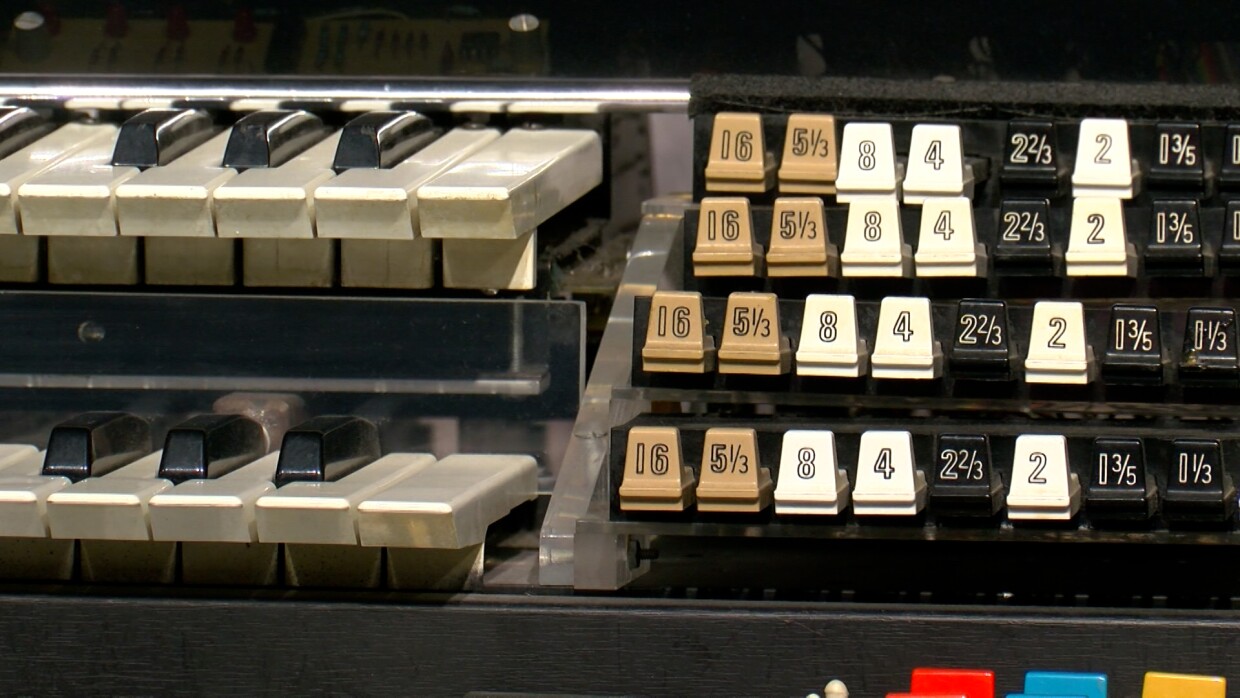 A close up picture of keys and sliders on the Live Electronic Orchestra (LEO) is shown in the Museum of Making Music in Carlsbad on Feb. 2, 2023.