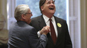 State Sen. Bob Hertzberg, D-Van Nuys, right, receives congratulations from Sen. Bill Monning, D-Carmel, after his bail reform bill was approved by the state Senate, Tuesday, Aug. 21, 2018, in Sacramento, Calif. 