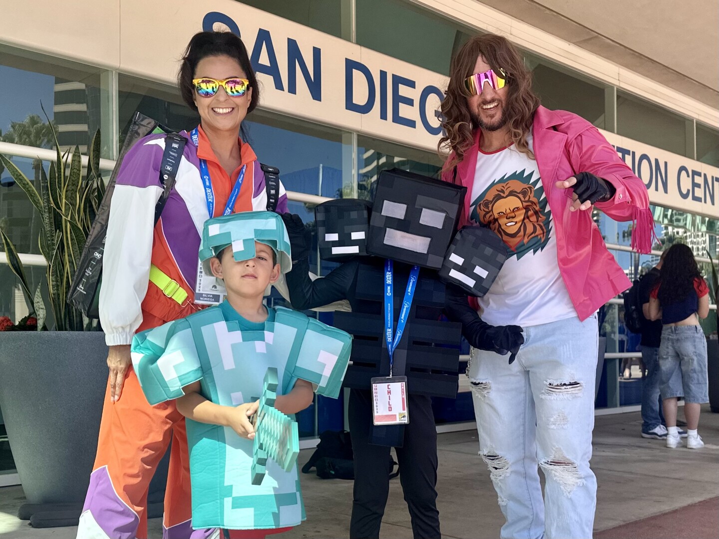 From Encinitas, (from left to right) Silvia Noriega, Kyle Jones, Leonardo Jones, and Jordan Jones pose for a photo at Comic-Con on Sunday, July 27, 2025.<br/>