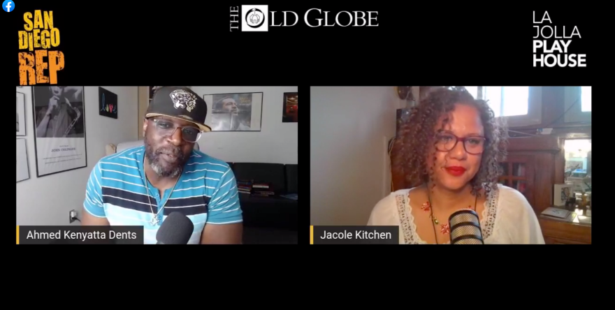 "We Are Listening" salon co-hosts (left) Ahmed Kenyatta Dents, director of venue experience and artistic associate at the San Diego Rep and Jacole Kitchen, director of arts engagement and in-house casting at the La Jolla Playhouse are pictured in a screen shot from the Facebook LIVE video of the final salon Monday, June 13, 2022.