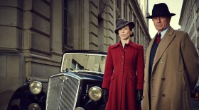 A scene from FOYLE'S WAR Season 8: DCS Christopher Foyle (Michael Kitchen on right) and Sam Wainwright (Honeysuckle Weeks on left)