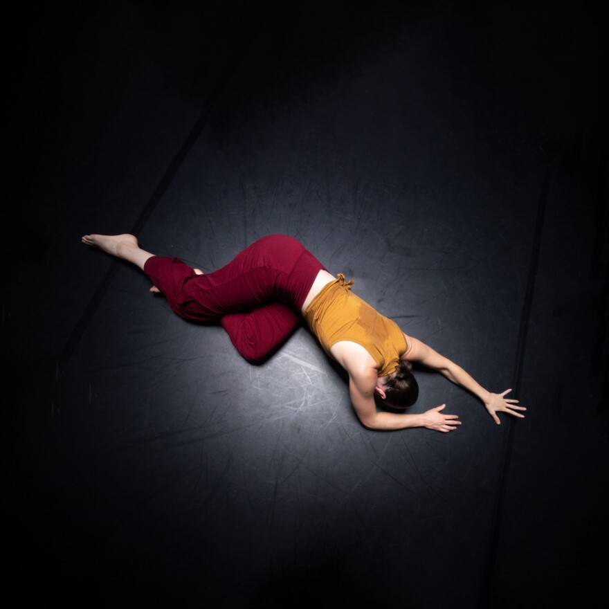 Dancer Lauren Christie is pictured performing Khamla Somphanh's choreography. This is one of the eight images applied to the gallery floor, on view at Art Produce through Jan. 29, 2022.